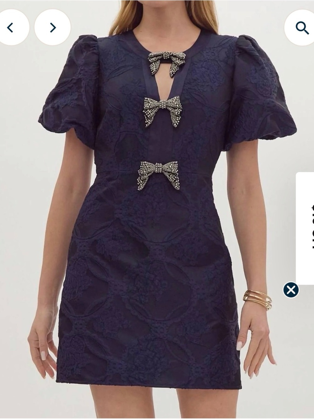 entro Navy Embroidered Puff-Sleeve Dress with Jeweled Bows